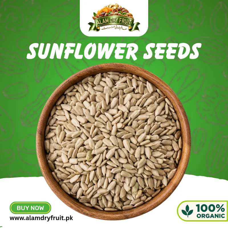Premium 100% organic sunflower seeds 250g pack in a wooden bowl by Alam Dry Fruit Pakistan
