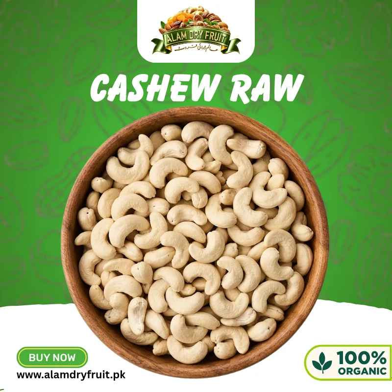 Premium 100% organic raw cashews 250g pack in a wooden bowl by Alam Dry Fruit Pakistan